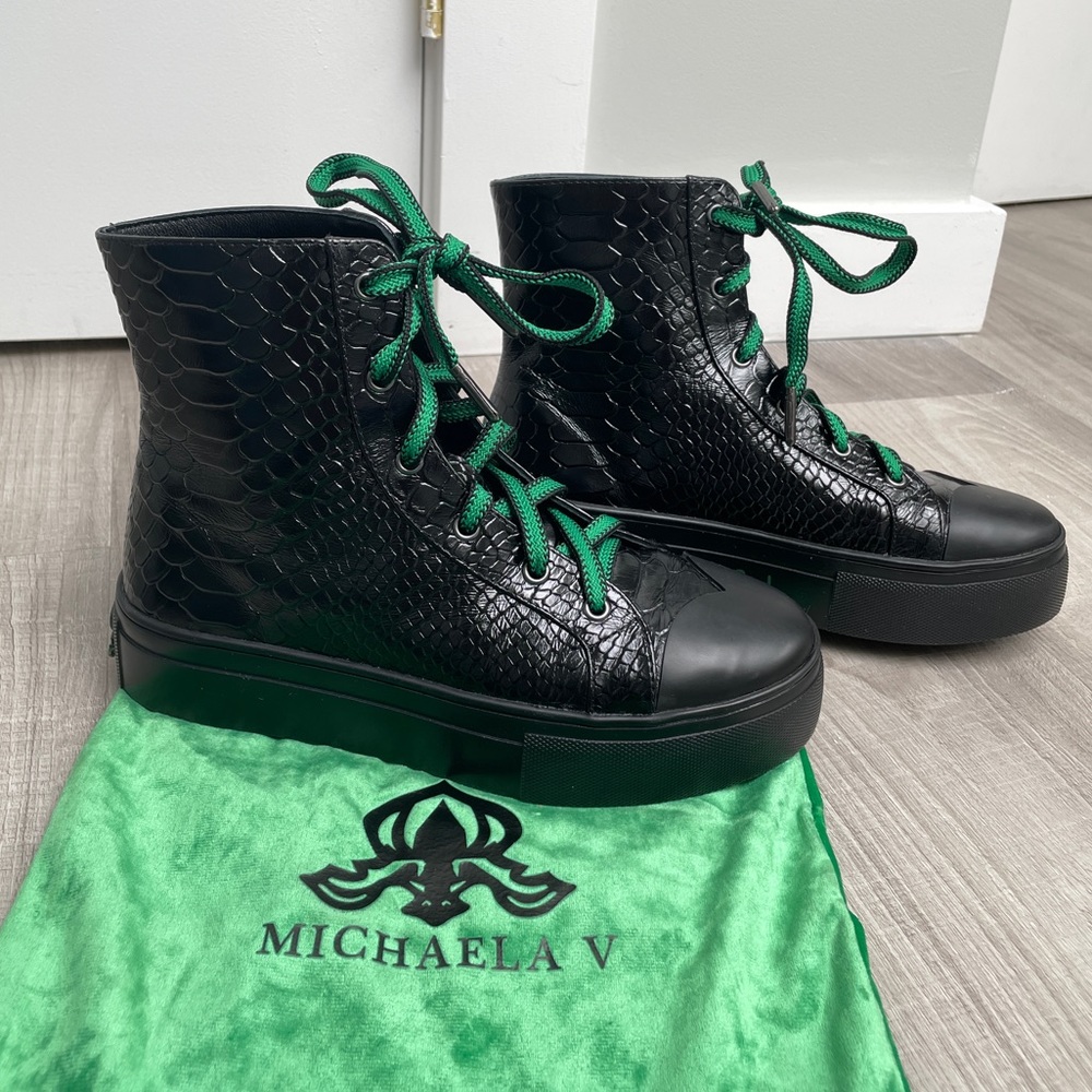 Michaela V Black Snakeskin Patterned High Top Platform Sneakers Boots